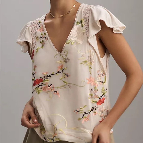 Anthropologie Tops - Anthropologie Tiny Cream embroidered Floral V-Neck Blouse